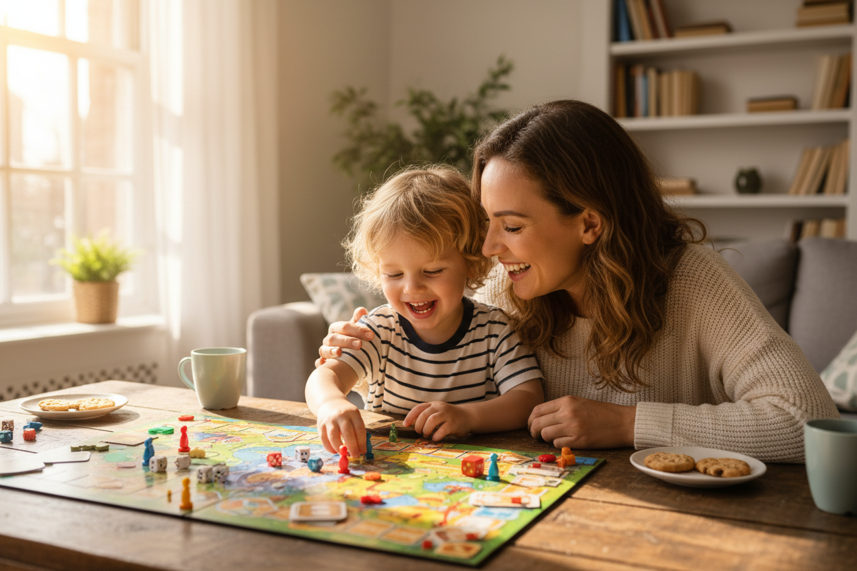 mãe com filho brincando com brinquedo de taboleiro