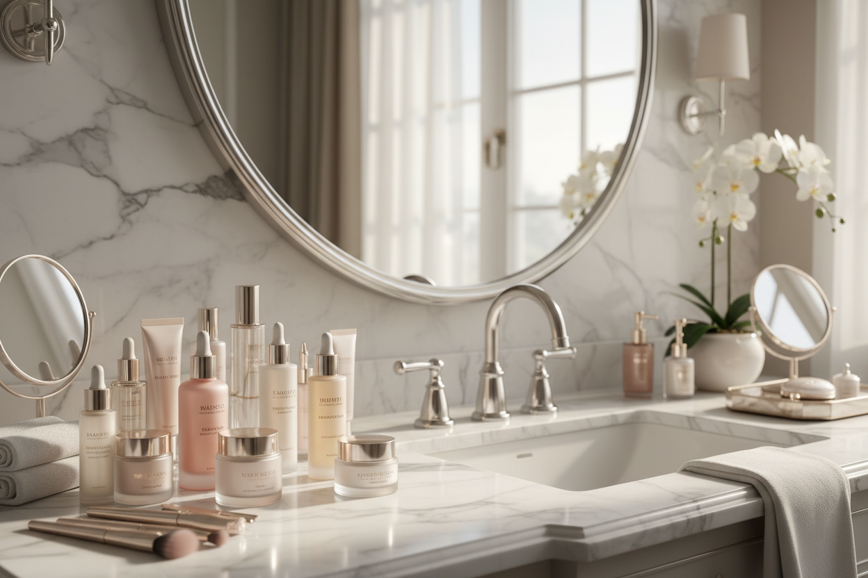 produtos de beleza em uma pia de banheiro bonita